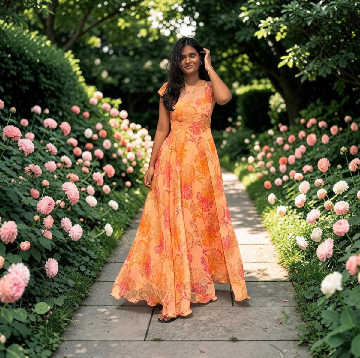 ORANGE FLORAL UMBRELLA LONG FROCK