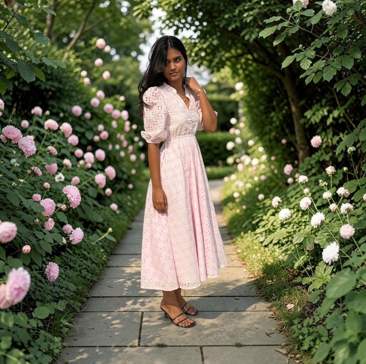BABY PINK HAKOBA PUFF SLEEVE MIDI FROCK