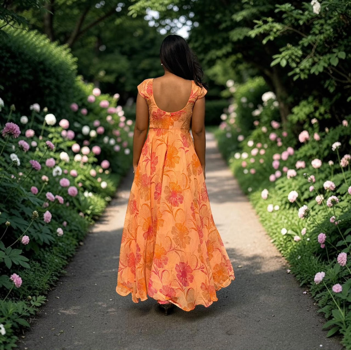 ORANGE FLORAL UMBRELLA LONG FROCK