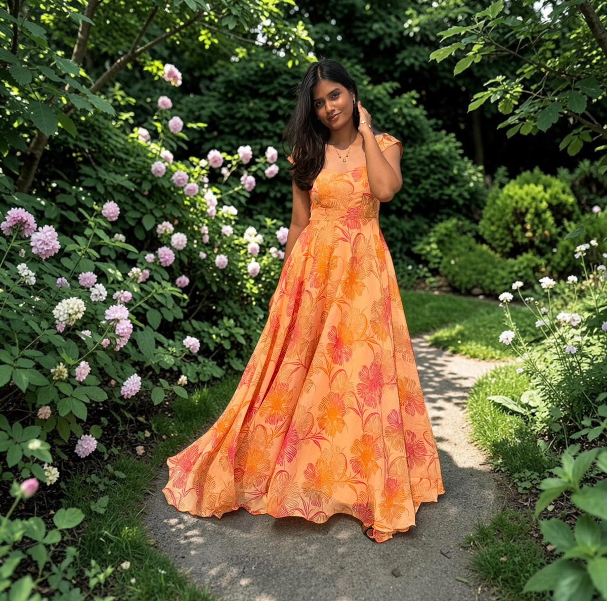 ORANGE FLORAL UMBRELLA LONG FROCK