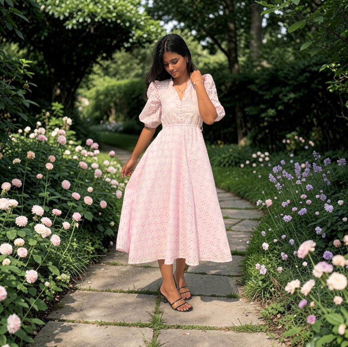 BABY PINK HAKOBA PUFF SLEEVE MIDI FROCK
