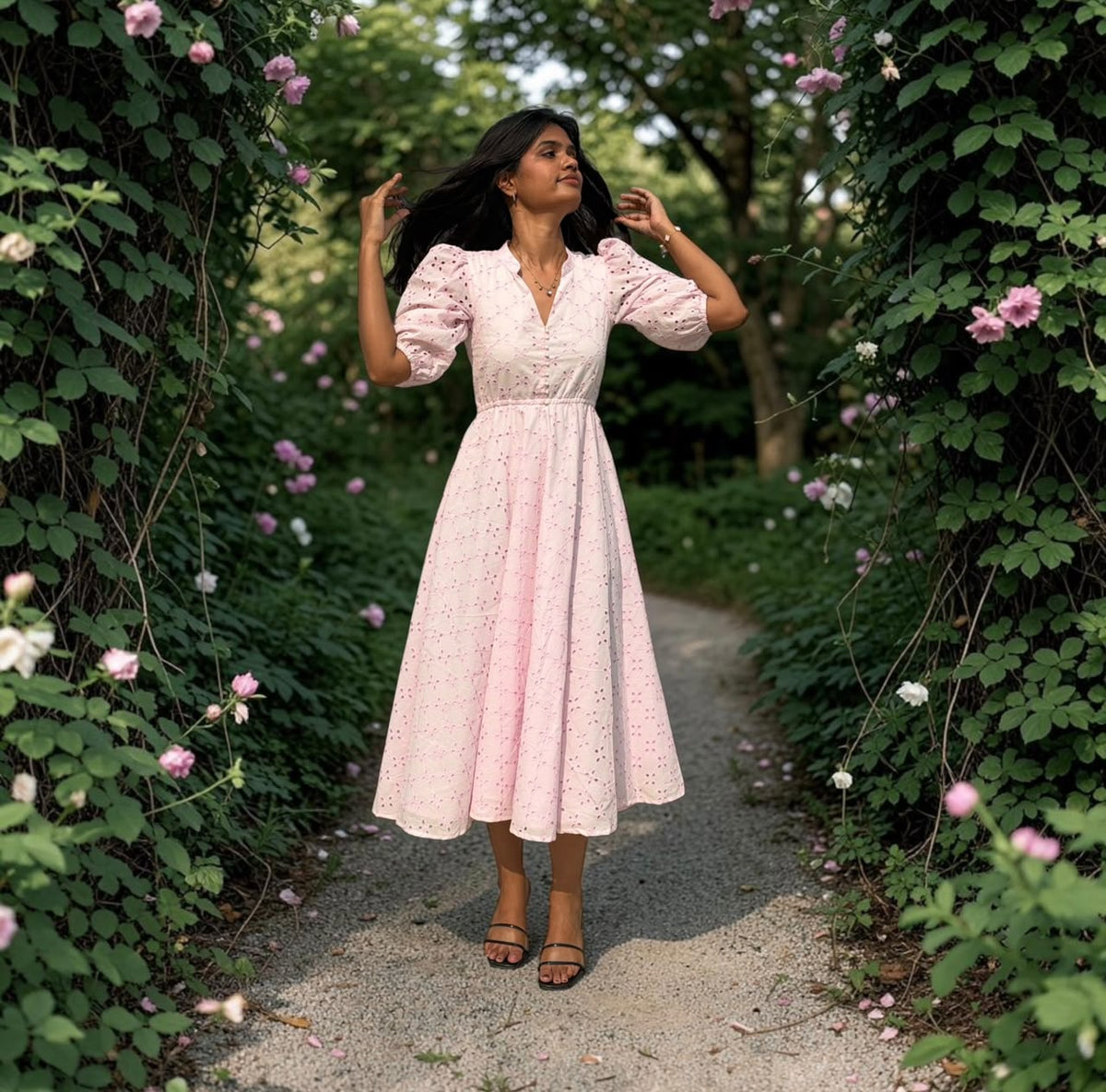BABY PINK HAKOBA PUFF SLEEVE MIDI FROCK