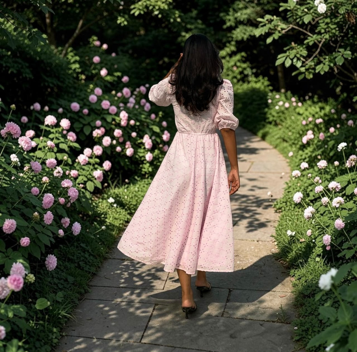 BABY PINK HAKOBA PUFF SLEEVE MIDI FROCK
